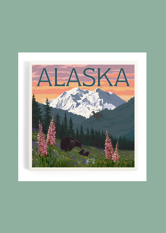 Alaska Bear & Cubs Denali View Ceramic Coaster