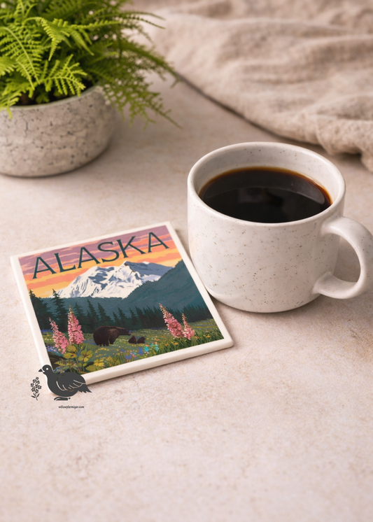 Alaska Bear & Cubs Denali View Ceramic Coaster