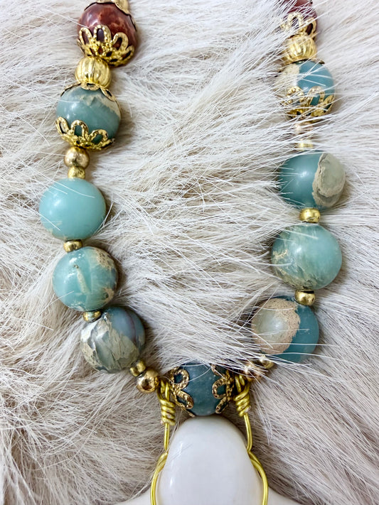 Alaska Handcarved Bone Whale Tail & Beads Necklace