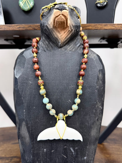 Alaska Handcarved Bone Whale Tail & Beads Necklace KBC