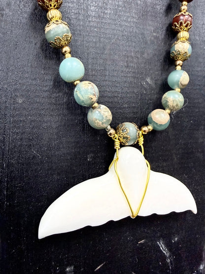Alaska Handcarved Bone Whale Tail & Beads Necklace KBC