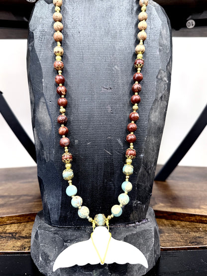 Alaska Handcarved Bone Whale Tail & Beads Necklace KBC
