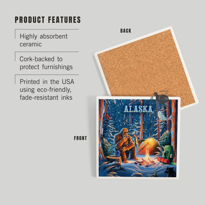 Alaska Sasquatch Hairy Man Campfire Ceramic Coaster