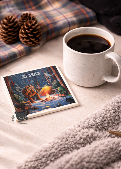 Alaska Sasquatch Hairy Man Campfire Ceramic Coaster