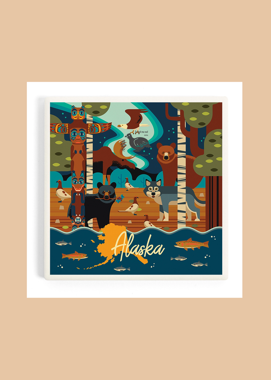 Alaska Wildlife & Totem Ceramic Coaster