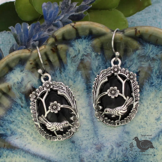 Silver Bird Floral Cameo Dangle Earrings