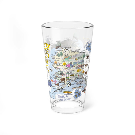 Alaska State, Cities & Icons Map 16oz Glass