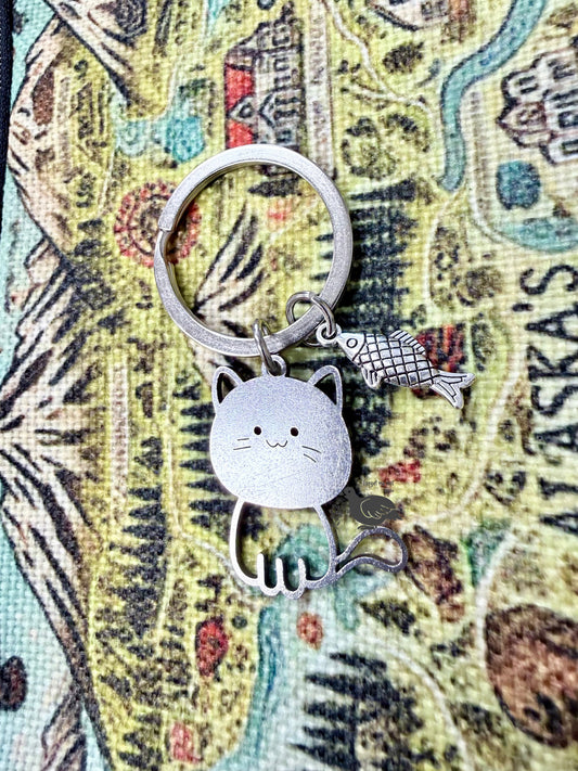 Cat & Fish 2" Metal Keychain