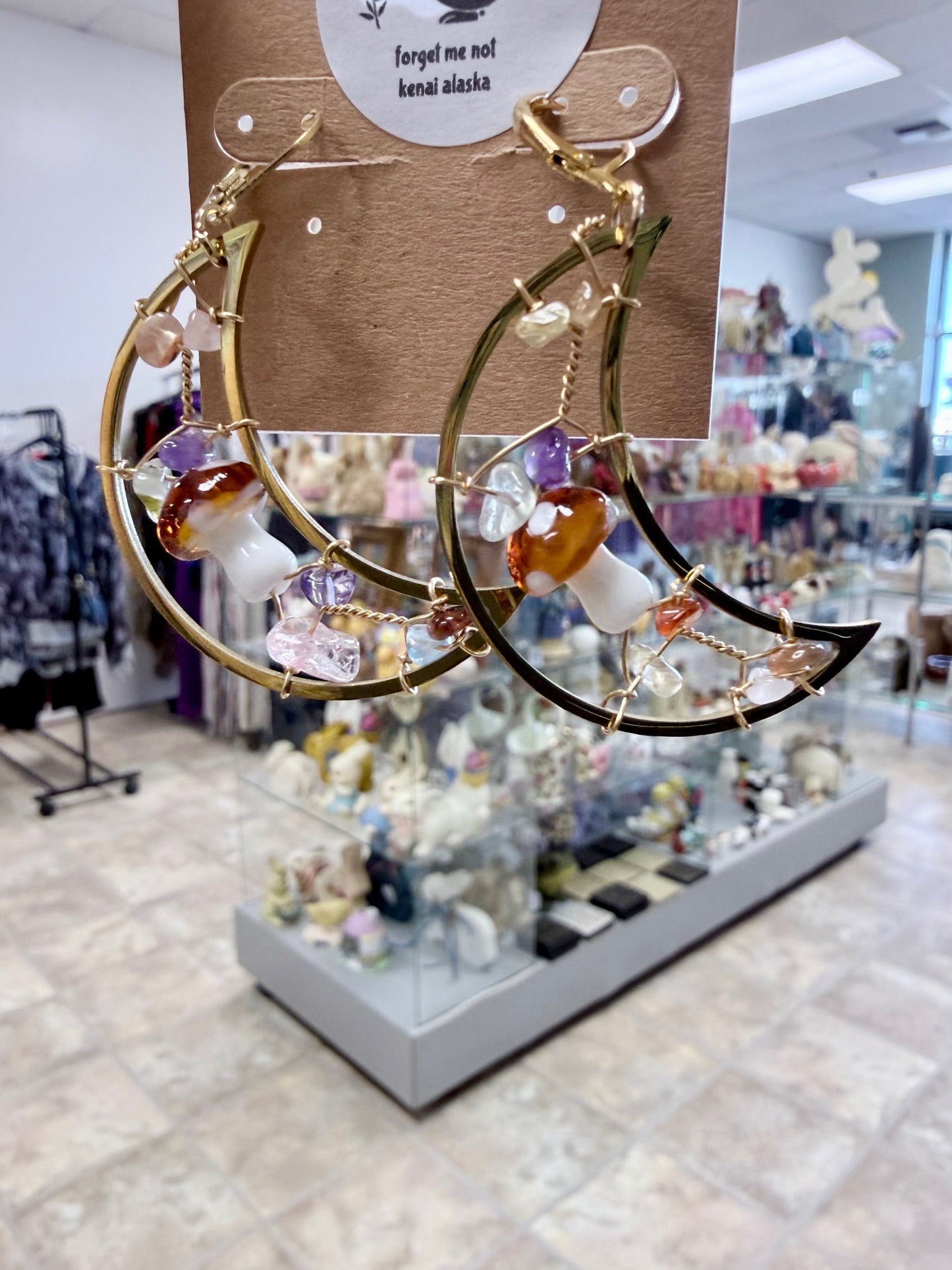 Alaska Forest Mushroom Moon Earrings