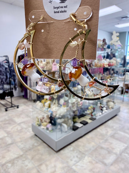 Alaska Forest Mushroom Moon Earrings