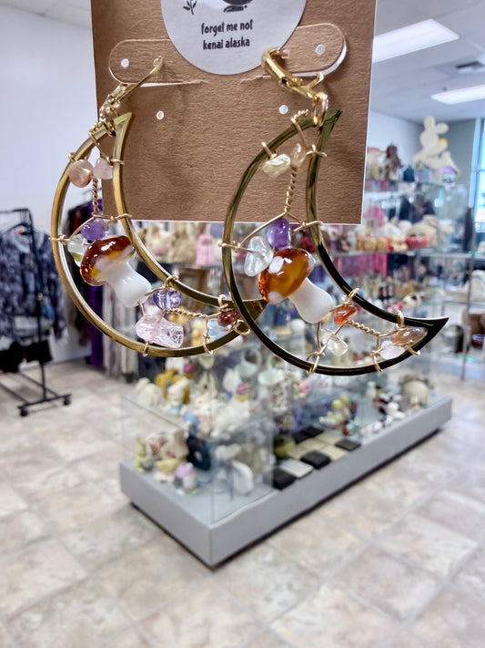 Alaska Forest Mushroom Moon Earrings