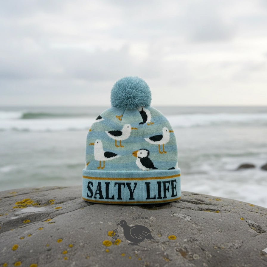 Alaska Salty Life Puffin & Seagull Pom Beanie