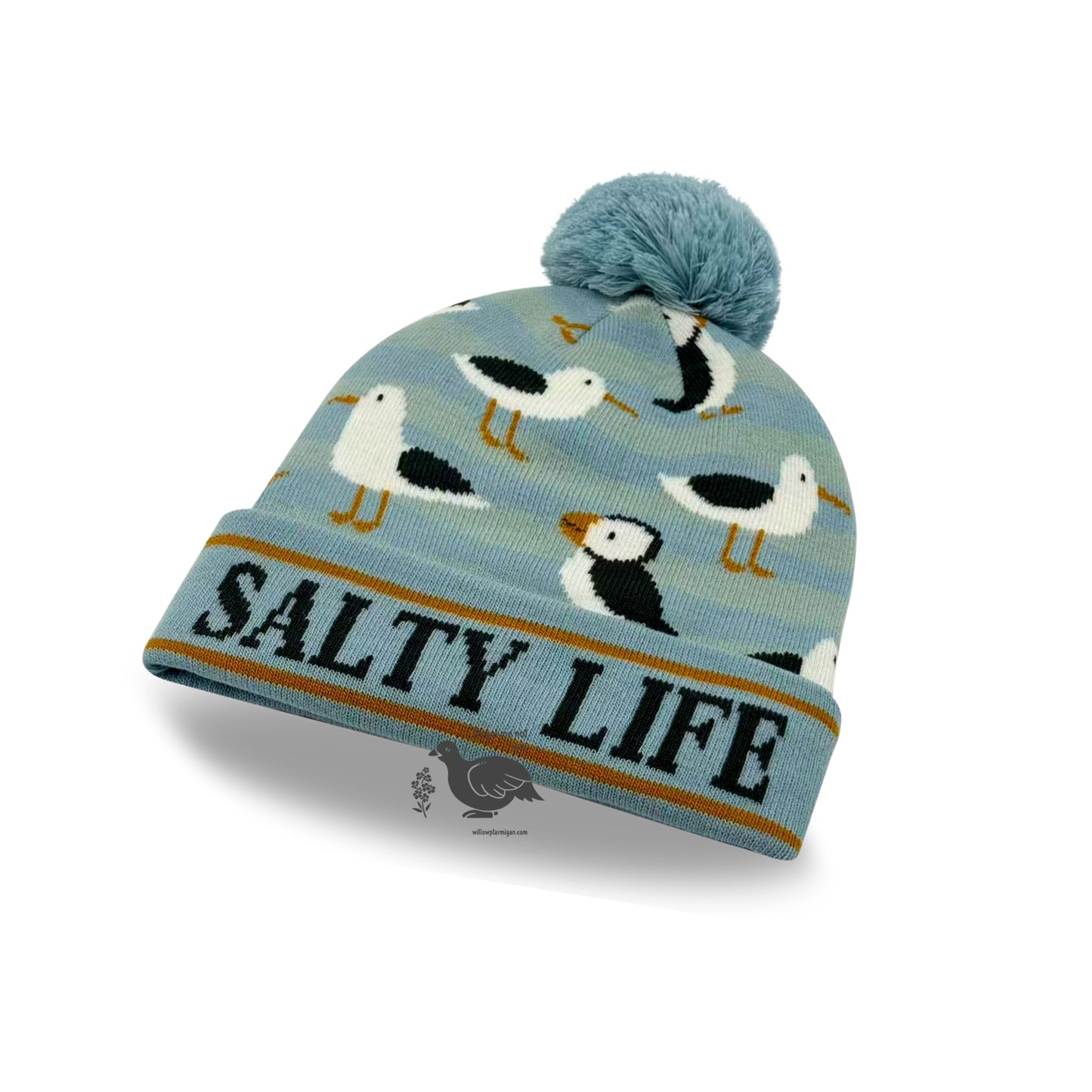 Alaska Salty Life Puffin & Seagull Pom Beanie