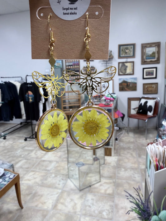 Alaska Alpine Arnica Pressed Flower Moth Earrings