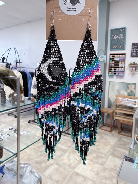 Alaska Rare Northern Lights Moon Bead Fringe Earrings