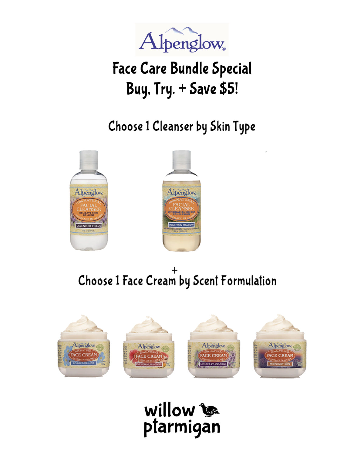 Alpenglow Face Care Bundle Special *Lavendar Fields or Mountain Meadow 8oz* Cleanser & 4oz Cream ***Save $5!*** ALP